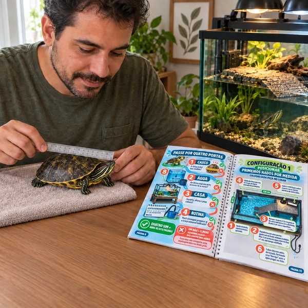 Tutor medindo a tartaruga enquanto consulta somente o material aberto